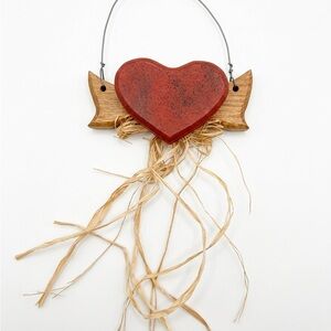 Primitive Rustic Red Wood Heart & Wings Wall Hanging Decor 6” Farmhouse